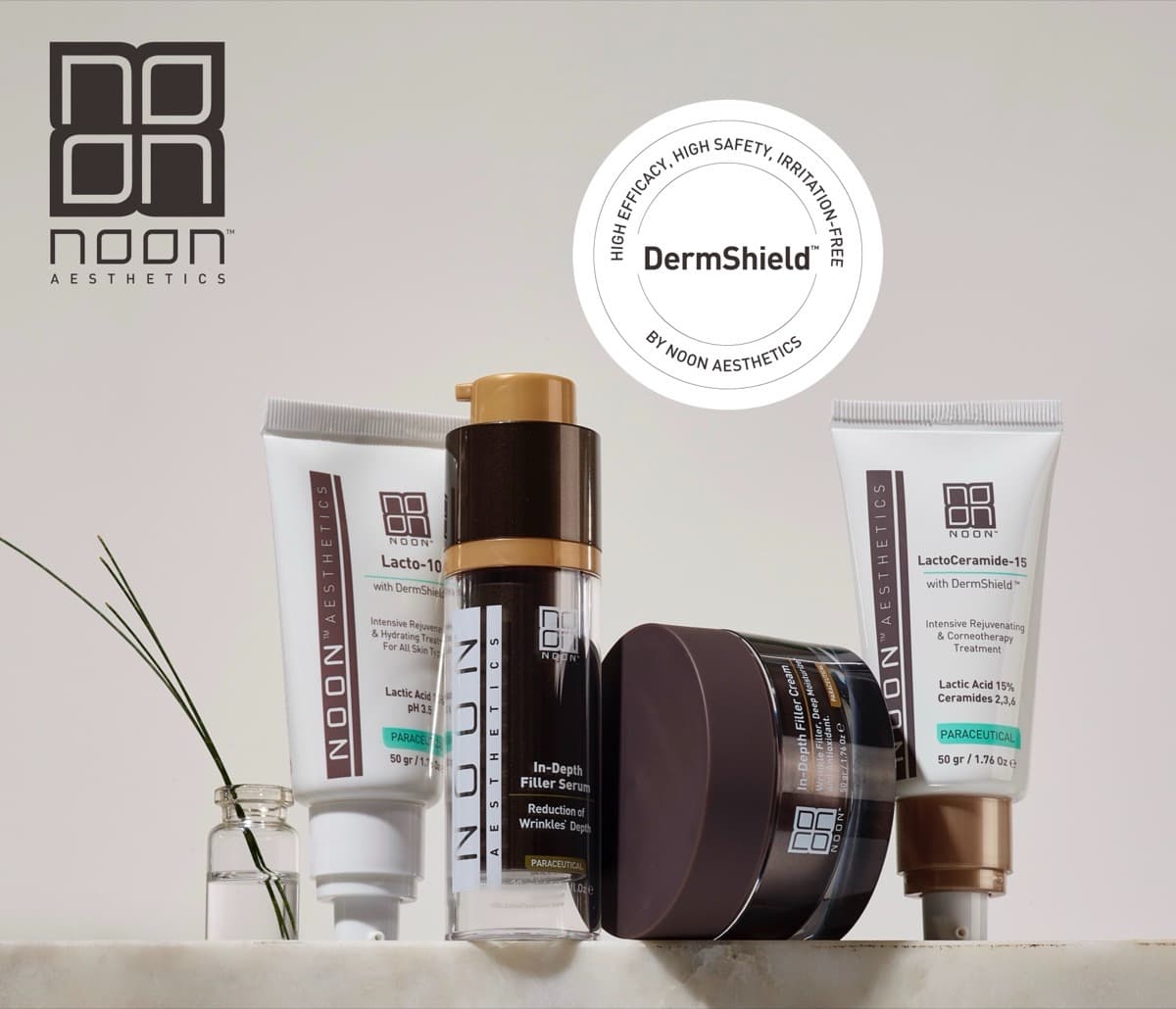 Noon Aesthetics skincare products with DermShield — available at Pagora Laser & Esthetics, Bedford NS